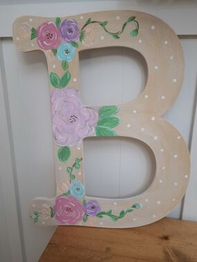 Handpainted Floral Wooden Letter B - Pastel Pink & Mint